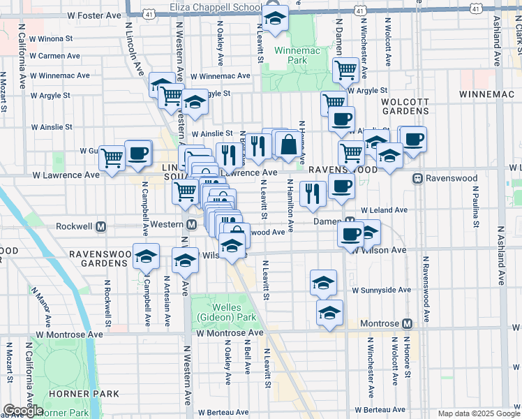 map of restaurants, bars, coffee shops, grocery stores, and more near 4704 North Leavitt Street in Chicago
