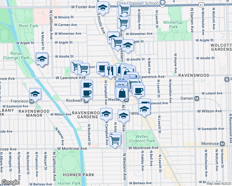 map of restaurants, bars, coffee shops, grocery stores, and more near 4705 North Artesian Avenue in Chicago