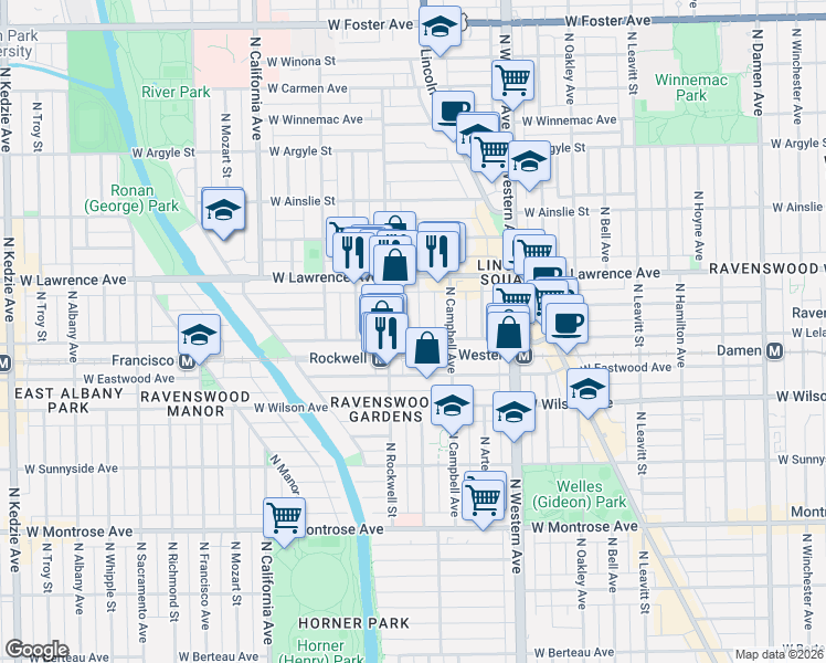 map of restaurants, bars, coffee shops, grocery stores, and more near 2542 West Leland Avenue in Chicago