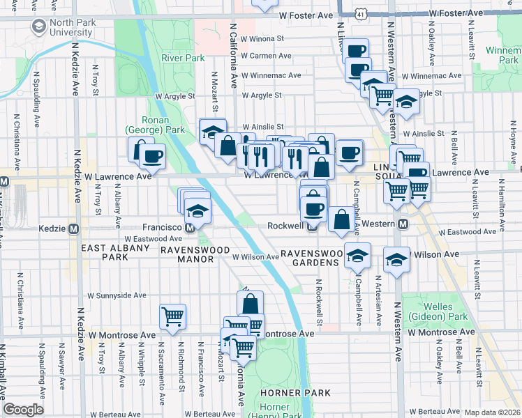 map of restaurants, bars, coffee shops, grocery stores, and more near 2734 West Leland Avenue in Chicago