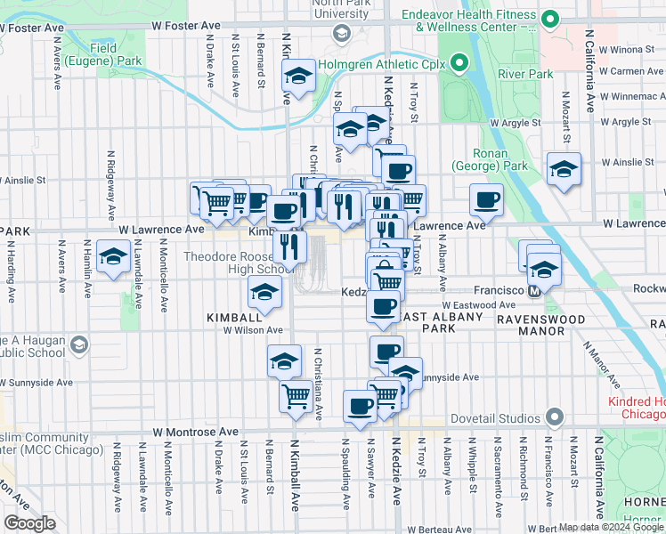 map of restaurants, bars, coffee shops, grocery stores, and more near 4710 North Spaulding Avenue in Chicago