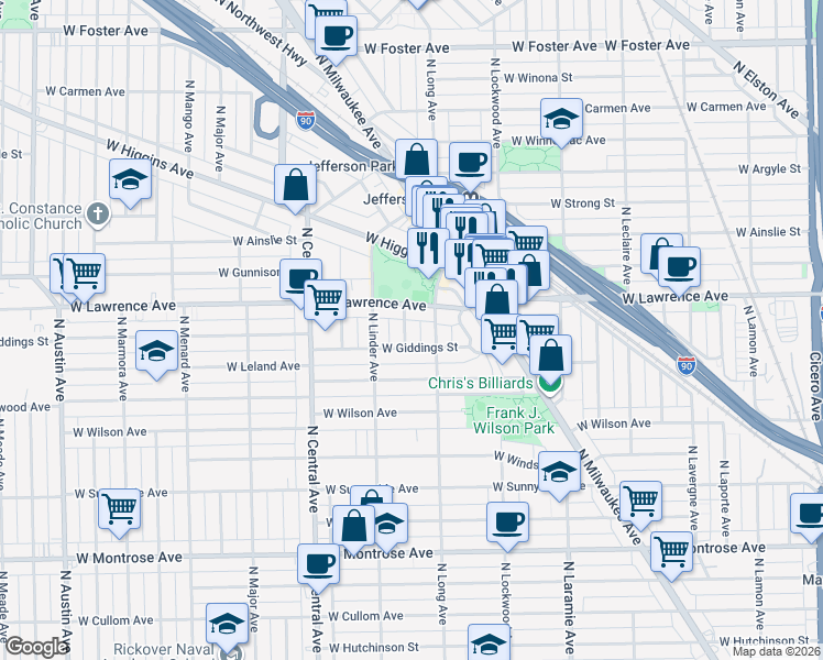 map of restaurants, bars, coffee shops, grocery stores, and more near 4749 North Lotus Avenue in Chicago