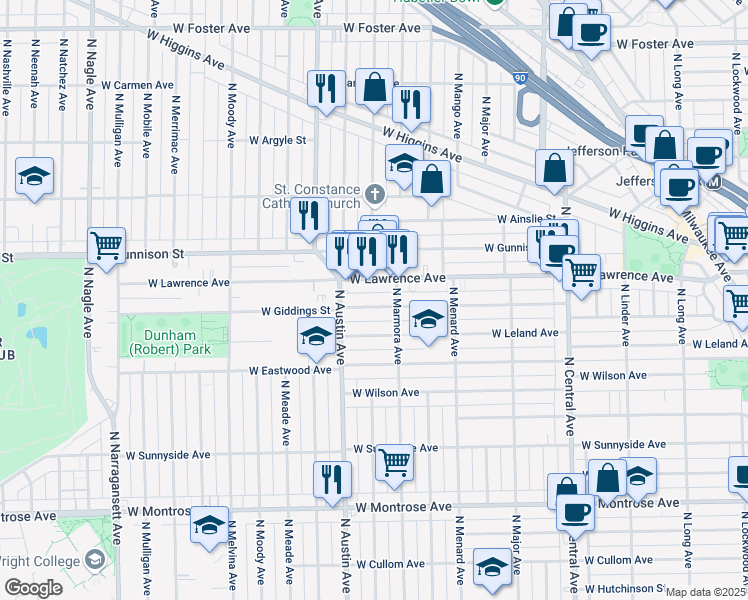 map of restaurants, bars, coffee shops, grocery stores, and more near 5912 West Giddings Street in Chicago