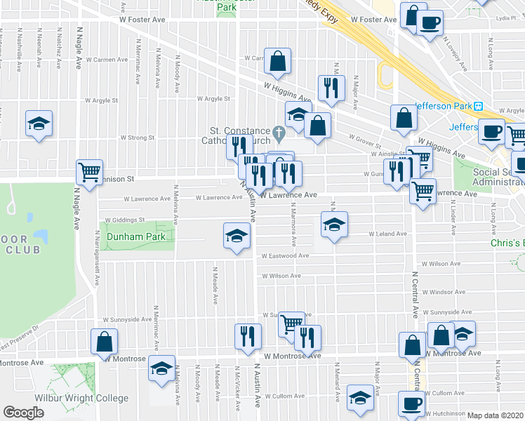 map of restaurants, bars, coffee shops, grocery stores, and more near 5954 West Giddings Street in Chicago