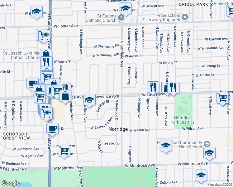 map of restaurants, bars, coffee shops, grocery stores, and more near 4800 North Redwood Drive in Norridge