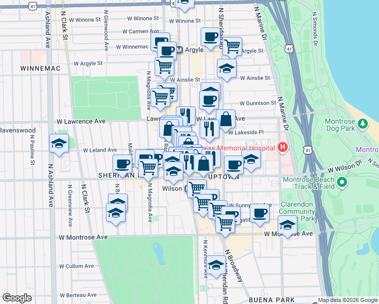 map of restaurants, bars, coffee shops, grocery stores, and more near 4657 North Winthrop Avenue in Chicago