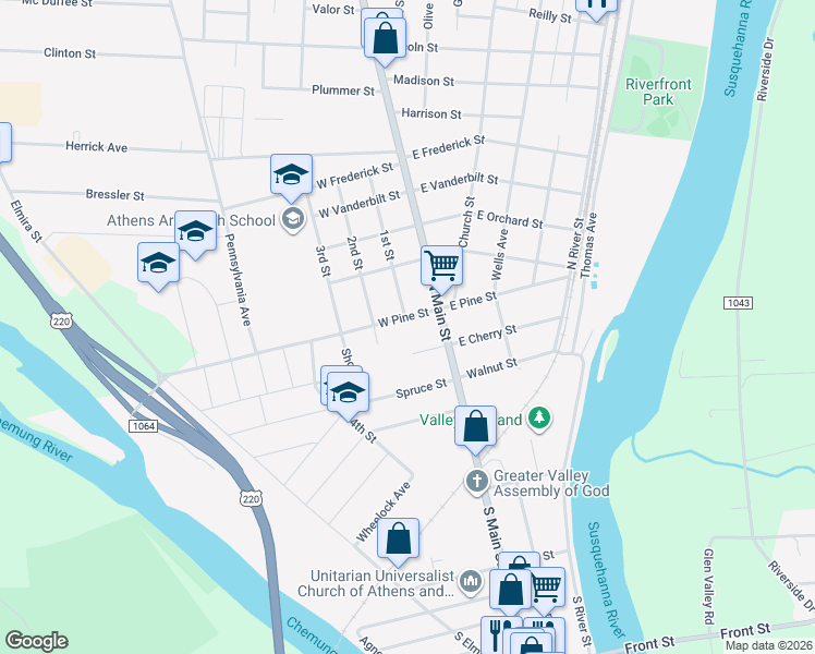 map of restaurants, bars, coffee shops, grocery stores, and more near 101-199 State Route 1064 in Athens