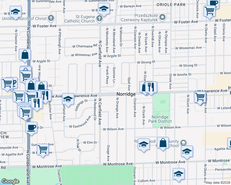 map of restaurants, bars, coffee shops, grocery stores, and more near 7912A West Lawrence Avenue in Norridge