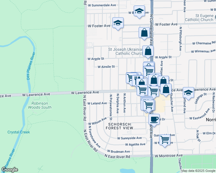map of restaurants, bars, coffee shops, grocery stores, and more near 4812 Ridgewood Avenue in Norridge