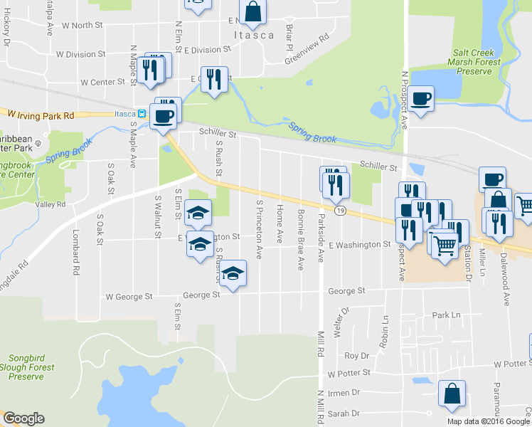 map of restaurants, bars, coffee shops, grocery stores, and more near 321 South Princeton Avenue in Itasca