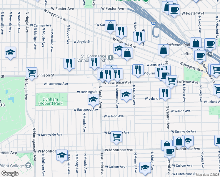map of restaurants, bars, coffee shops, grocery stores, and more near 5912 West Giddings Street in Chicago