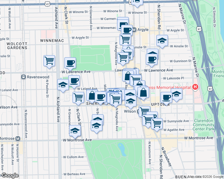 map of restaurants, bars, coffee shops, grocery stores, and more near 1251 West Leland Avenue in Chicago