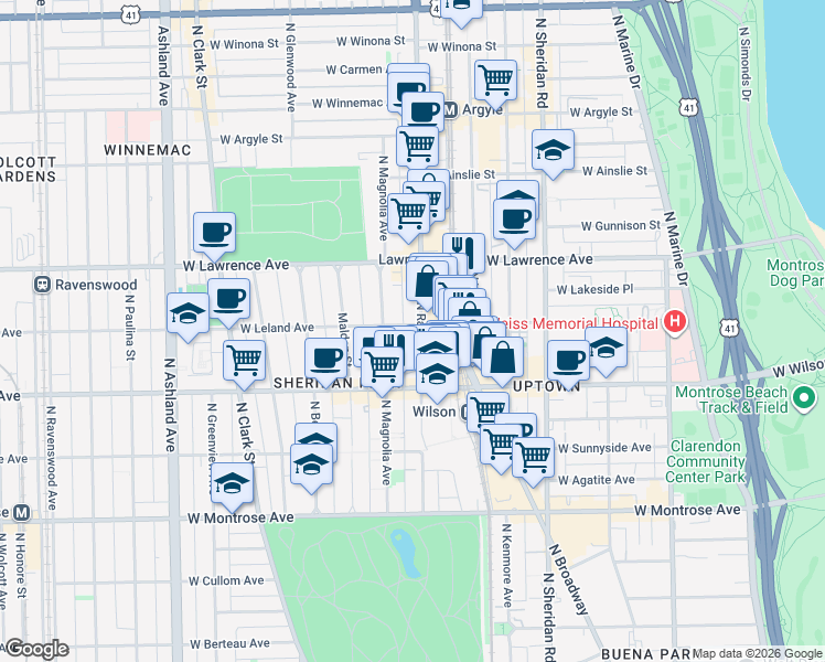 map of restaurants, bars, coffee shops, grocery stores, and more near 1207 West Leland Avenue in Chicago