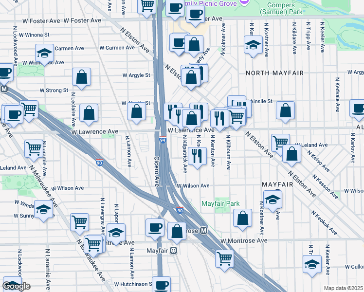 map of restaurants, bars, coffee shops, grocery stores, and more near 4724 North Kilpatrick Avenue in Chicago
