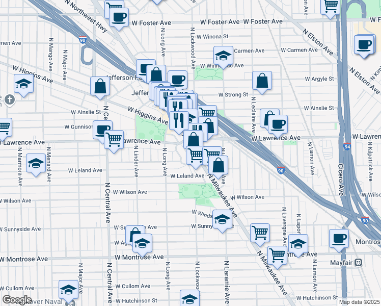 map of restaurants, bars, coffee shops, grocery stores, and more near 4762 North Milwaukee Avenue in Chicago