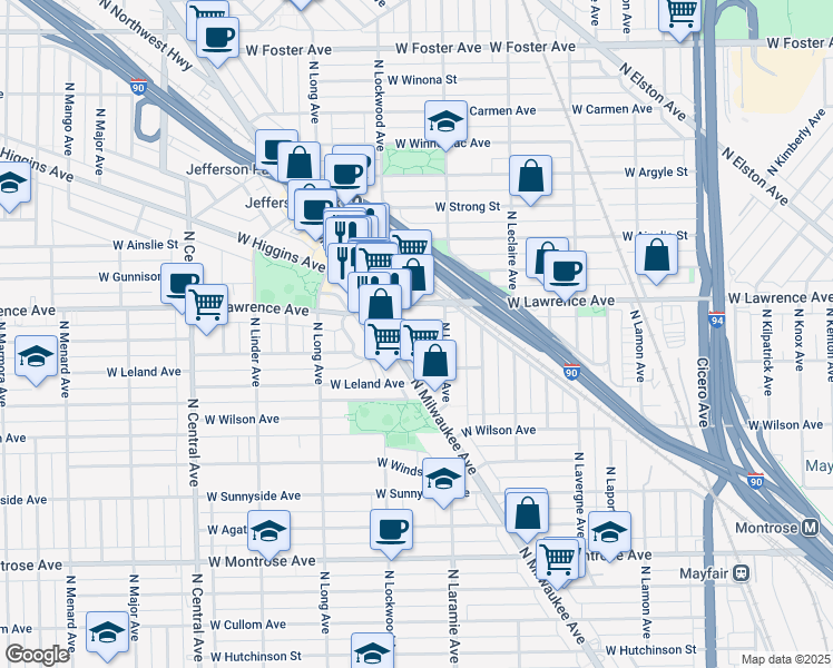 map of restaurants, bars, coffee shops, grocery stores, and more near 5228 West Giddings Street in Chicago