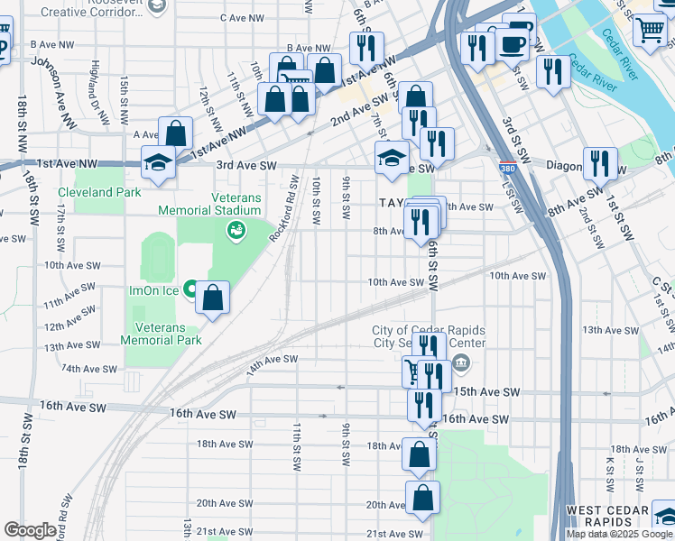 map of restaurants, bars, coffee shops, grocery stores, and more near 916 9th Street Southwest in Cedar Rapids