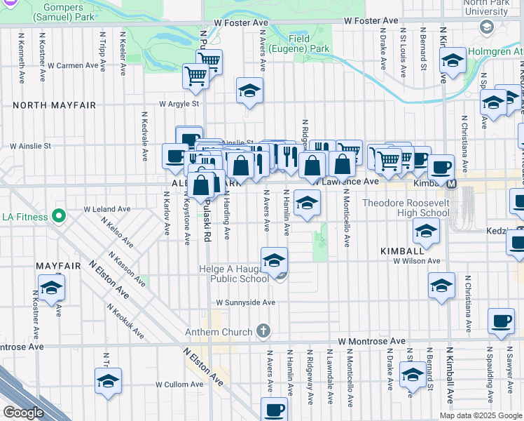 map of restaurants, bars, coffee shops, grocery stores, and more near 4716 North Avers Avenue in Chicago