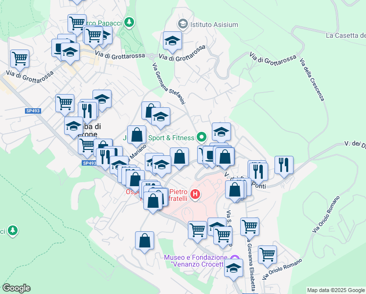 map of restaurants, bars, coffee shops, grocery stores, and more near 45 Via Montasola in Roma