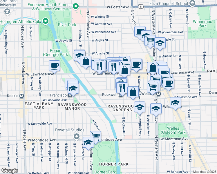 map of restaurants, bars, coffee shops, grocery stores, and more near 4709 North Washtenaw Avenue in Chicago