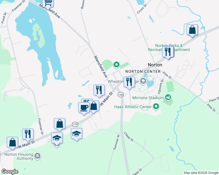 map of restaurants, bars, coffee shops, grocery stores, and more near 4 Mansfield Avenue in Norton