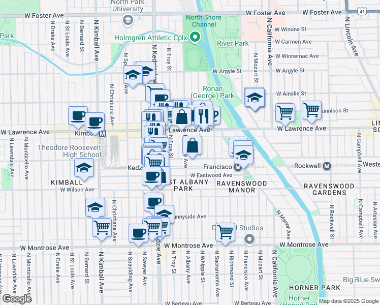 map of restaurants, bars, coffee shops, grocery stores, and more near 4713 North Albany Avenue in Chicago