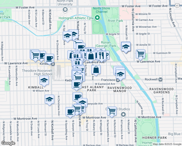 map of restaurants, bars, coffee shops, grocery stores, and more near 4710 North Albany Avenue in Chicago