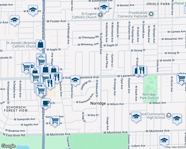 map of restaurants, bars, coffee shops, grocery stores, and more near 4800 North Redwood Drive in Norridge