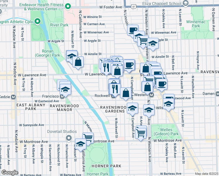 map of restaurants, bars, coffee shops, grocery stores, and more near 4707 North Talman Avenue in Chicago