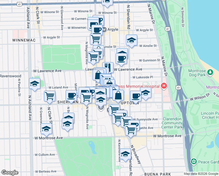 map of restaurants, bars, coffee shops, grocery stores, and more near 4660 North Clifton Avenue in Chicago
