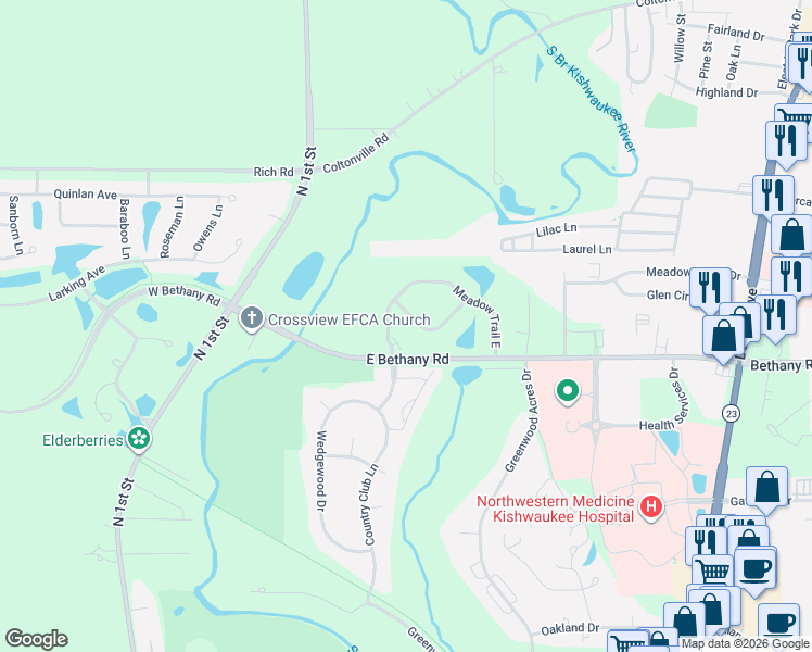 map of restaurants, bars, coffee shops, grocery stores, and more near 416 Red Wing Lane in DeKalb