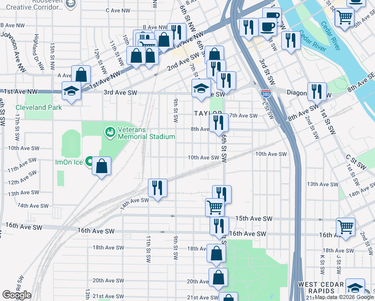 map of restaurants, bars, coffee shops, grocery stores, and more near 910 8th Street Southwest in Cedar Rapids