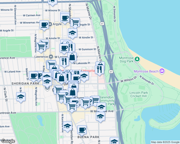 map of restaurants, bars, coffee shops, grocery stores, and more near 833 West Leland Avenue in Chicago