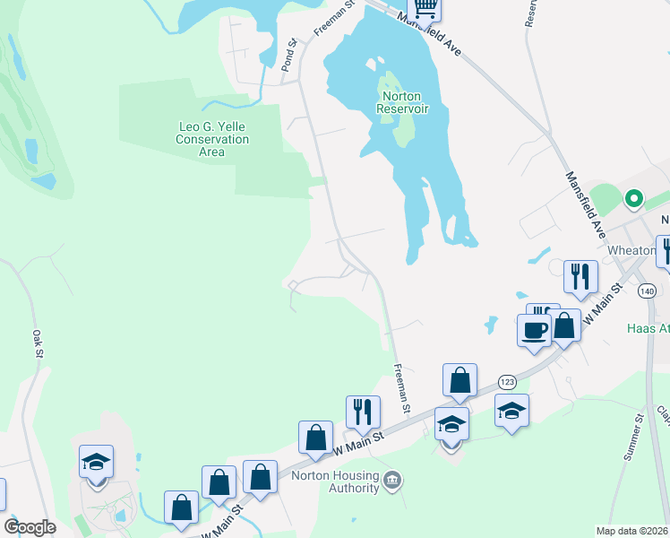 map of restaurants, bars, coffee shops, grocery stores, and more near 1 Robin Circle in Norton