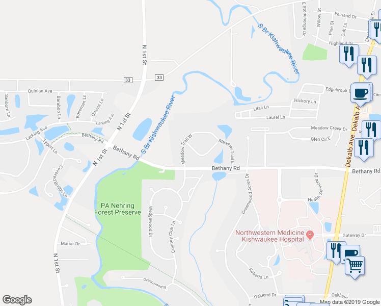map of restaurants, bars, coffee shops, grocery stores, and more near 416 Red Wing Lane in DeKalb