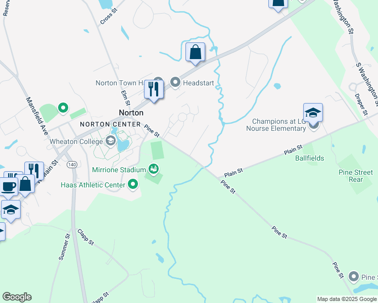 map of restaurants, bars, coffee shops, grocery stores, and more near 38 Pine Street in Norton