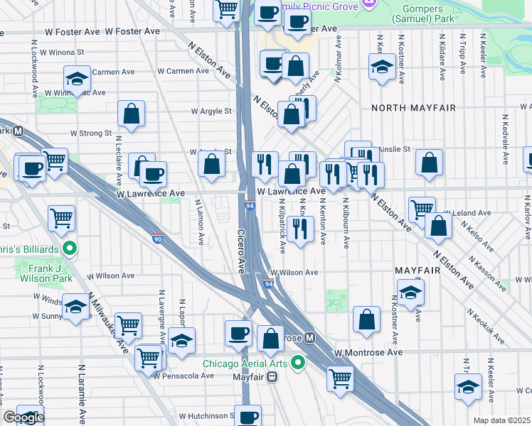 map of restaurants, bars, coffee shops, grocery stores, and more near 4729 North Keating Avenue in Chicago