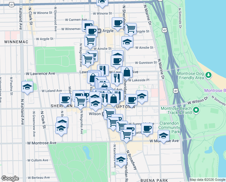 map of restaurants, bars, coffee shops, grocery stores, and more near 4657 North Winthrop Avenue in Chicago
