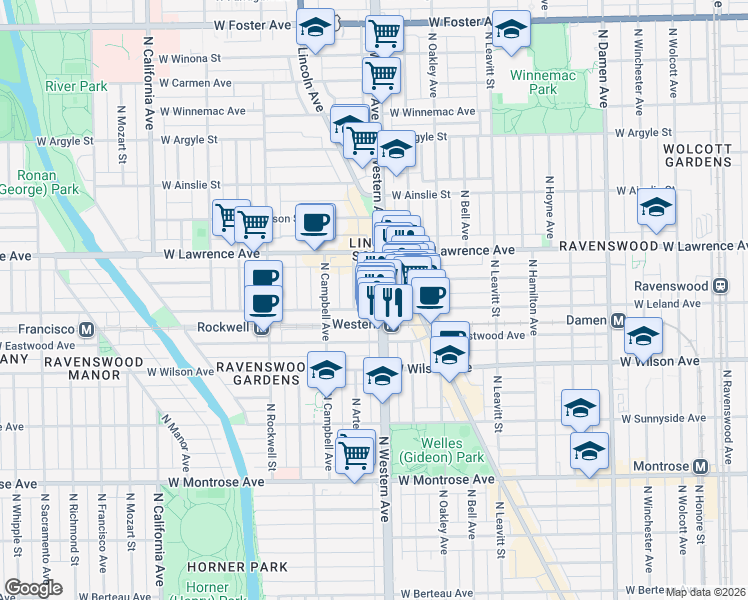 map of restaurants, bars, coffee shops, grocery stores, and more near 4740 North Lincoln Avenue in Chicago