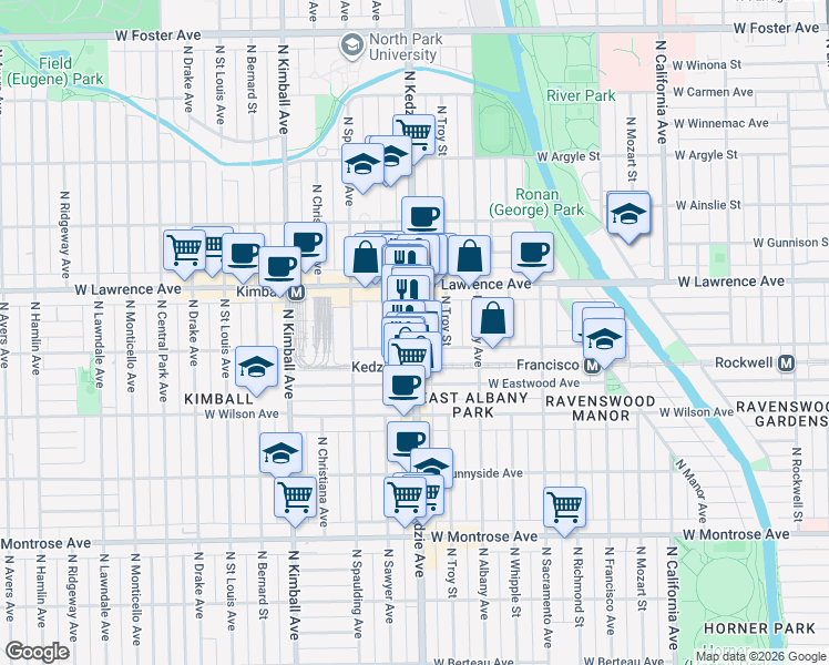 map of restaurants, bars, coffee shops, grocery stores, and more near 4701 North Kedzie Avenue in Chicago
