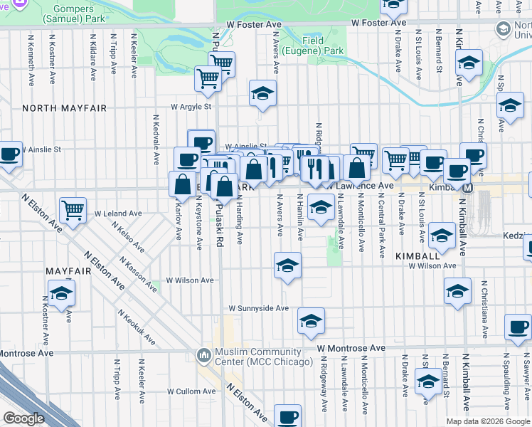 map of restaurants, bars, coffee shops, grocery stores, and more near 4716 North Avers Avenue in Chicago