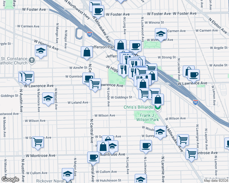 map of restaurants, bars, coffee shops, grocery stores, and more near 4749 North Lotus Avenue in Chicago