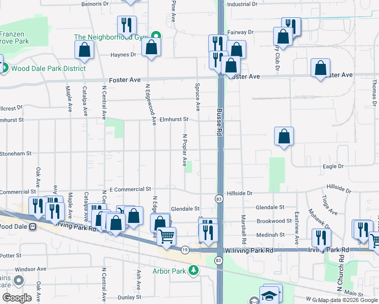 map of restaurants, bars, coffee shops, grocery stores, and more near 368 Spruce Avenue in Bensenville