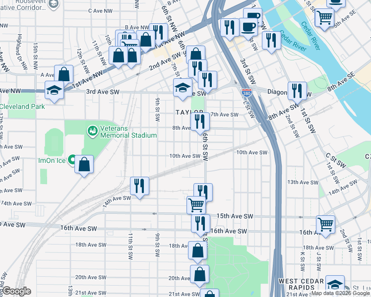 map of restaurants, bars, coffee shops, grocery stores, and more near 928 7th Street Southwest in Cedar Rapids