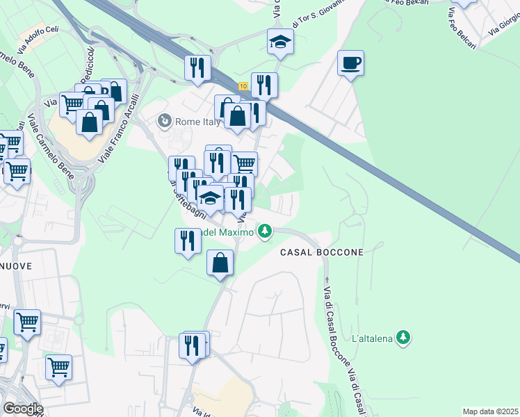 map of restaurants, bars, coffee shops, grocery stores, and more near 10 Via Carlo Bernari in Roma