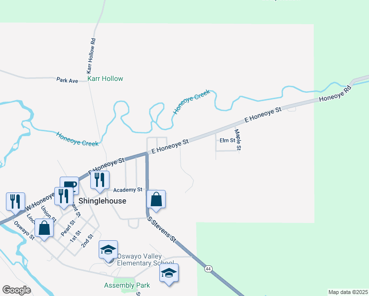 map of restaurants, bars, coffee shops, grocery stores, and more near 900-1004 East Honeoye Street in Shinglehouse