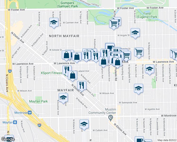 map of restaurants, bars, coffee shops, grocery stores, and more near W Leland Ave & N Keeler Ave in Chicago