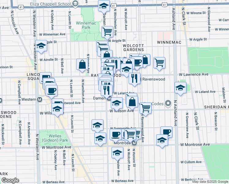 map of restaurants, bars, coffee shops, grocery stores, and more near 4700 North Winchester Avenue in Chicago