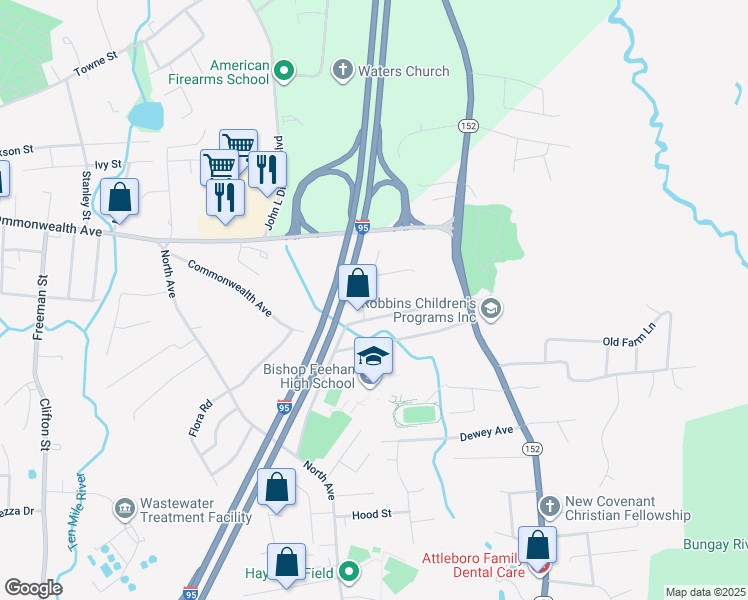 map of restaurants, bars, coffee shops, grocery stores, and more near 9 Quincy Way in Attleboro
