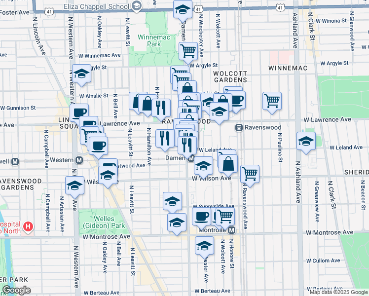 map of restaurants, bars, coffee shops, grocery stores, and more near 4704 North Damen Avenue in Chicago